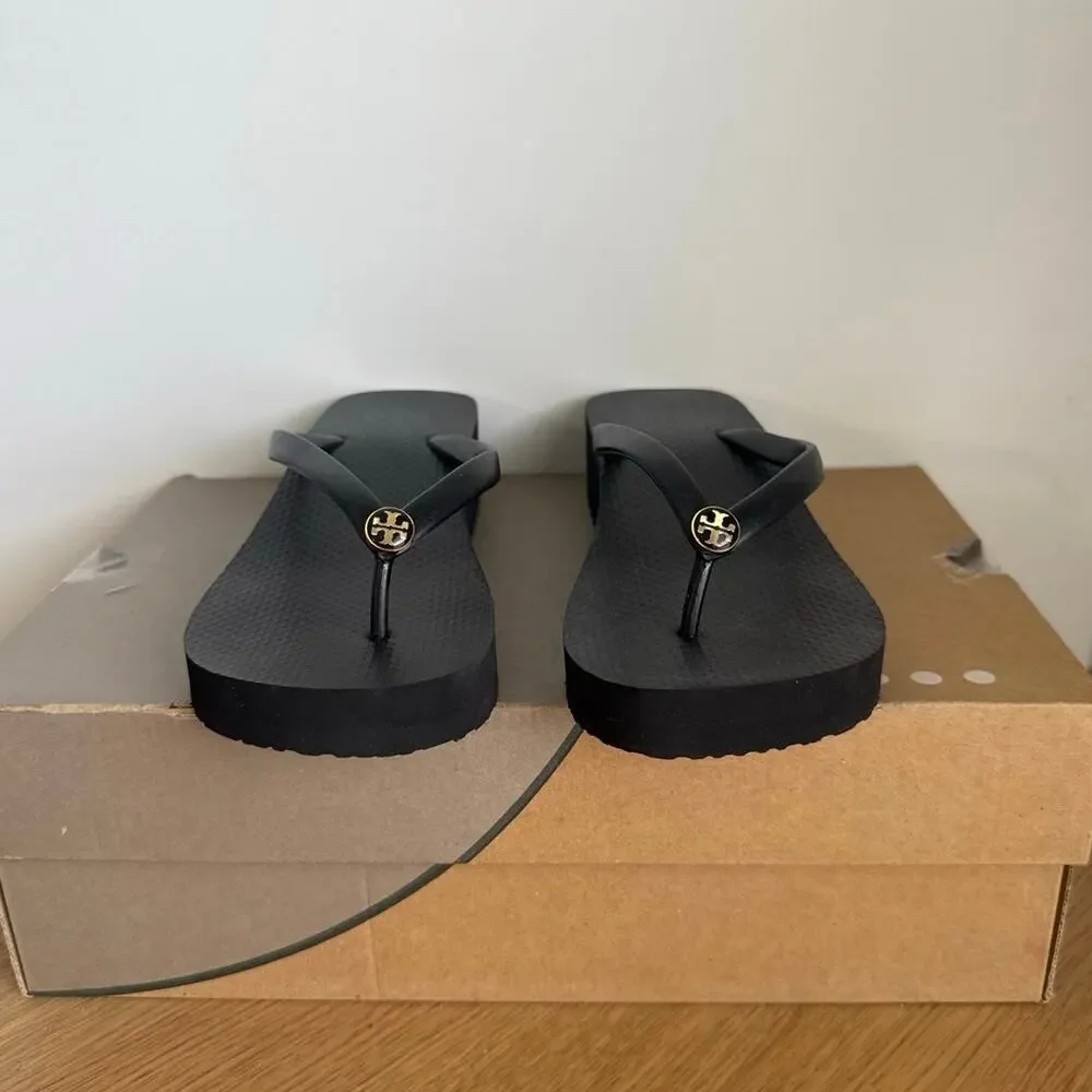 Tory Burch Black/Gold Women Slip On Wedge Sandals- SZ 7